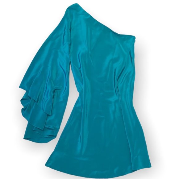 Nicole Miller green silk batwing one shoulder mini dress size 12 - Picture 10 of 13